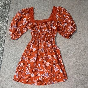 Orange Floral Square Neck Dress